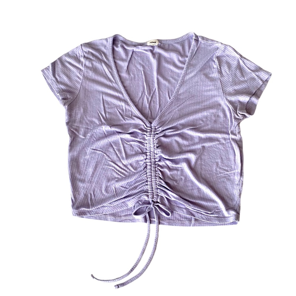 Cropped ribbed lavender v-neck top, size L. Adjustable front cinch.